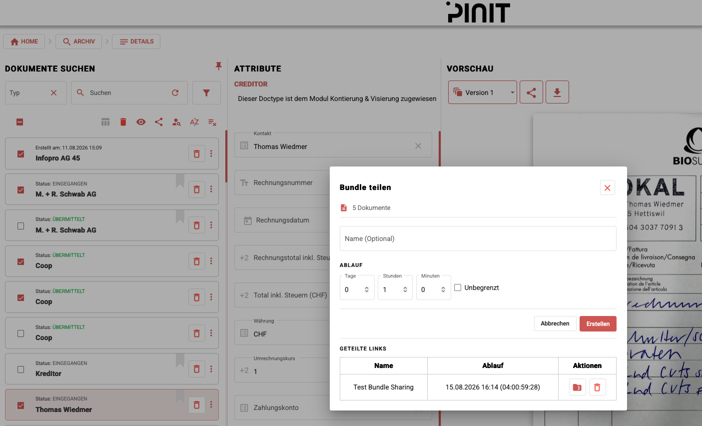Dialog «Share bundle» mit Erstellungsformular und Shared-Links-Tabelle