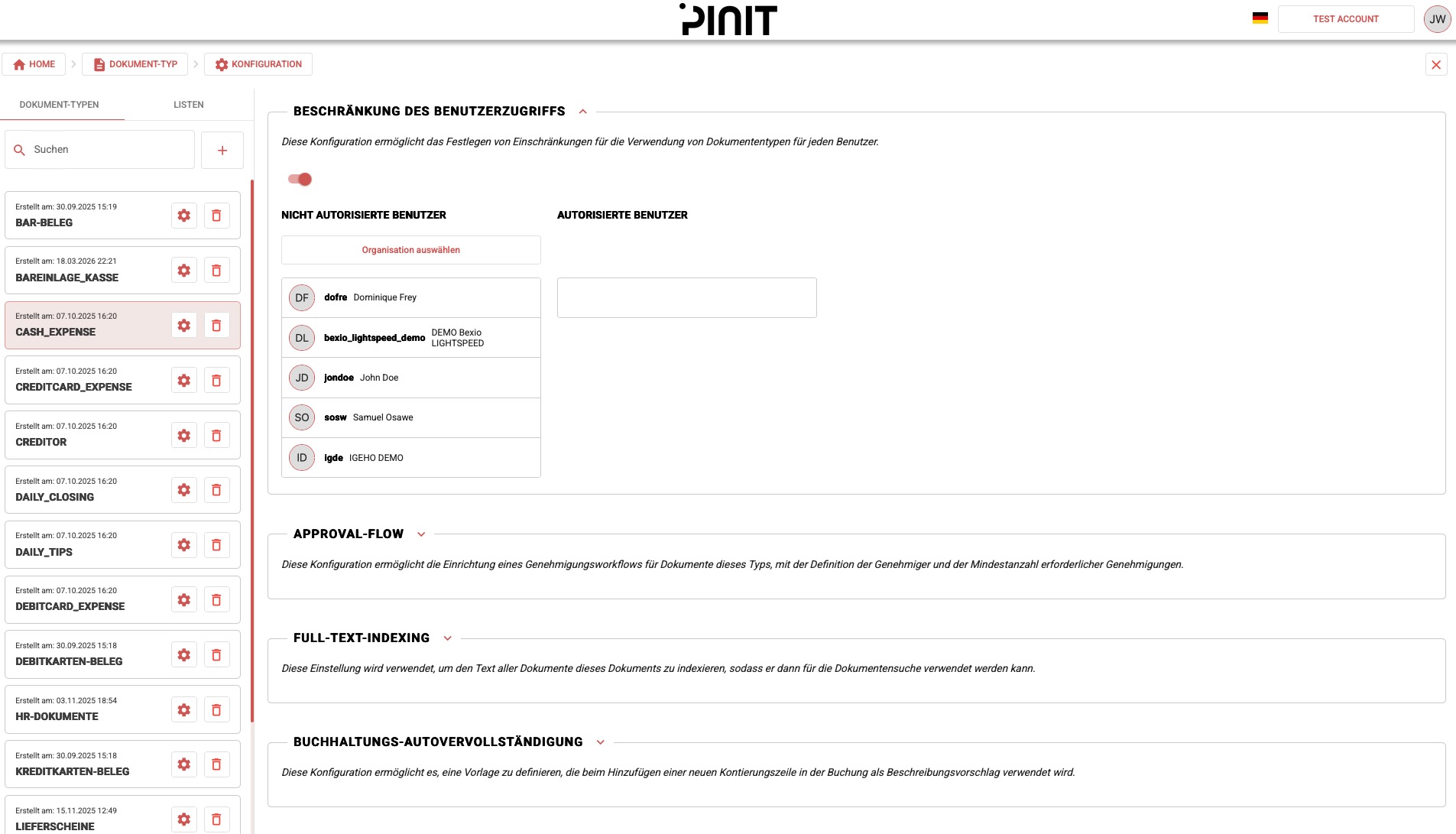 Dokument-Typ-Konfiguration — Beschränkung des Benutzerzugriffs