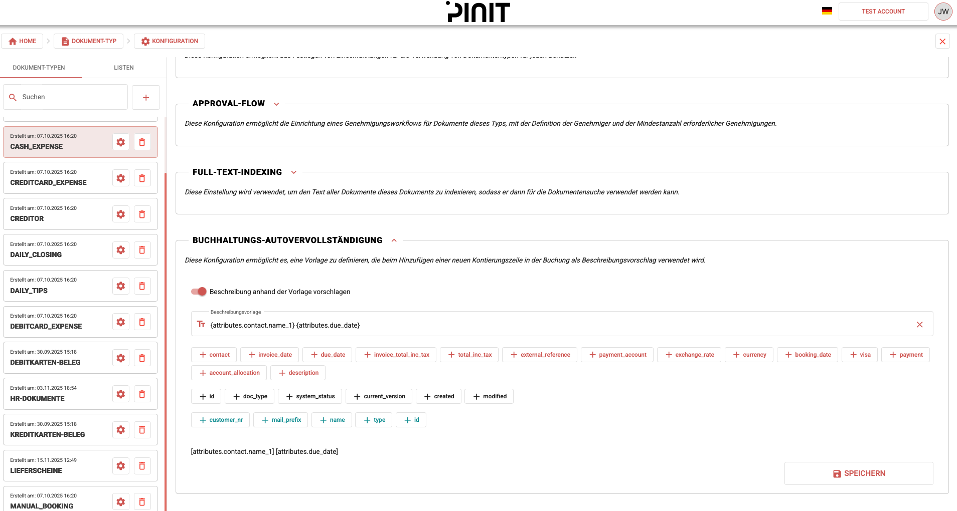 Dokument-Typ-Konfiguration — Buchhaltungs-Autocomplete-Konfiguration