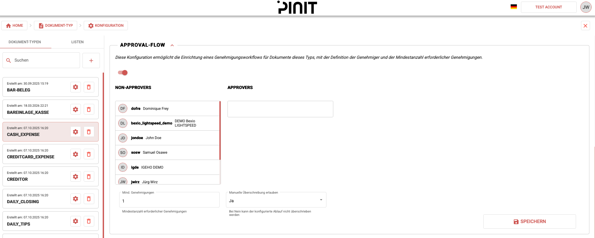 Dokument-Typ-Konfiguration — Abschnitt Freigabeflow