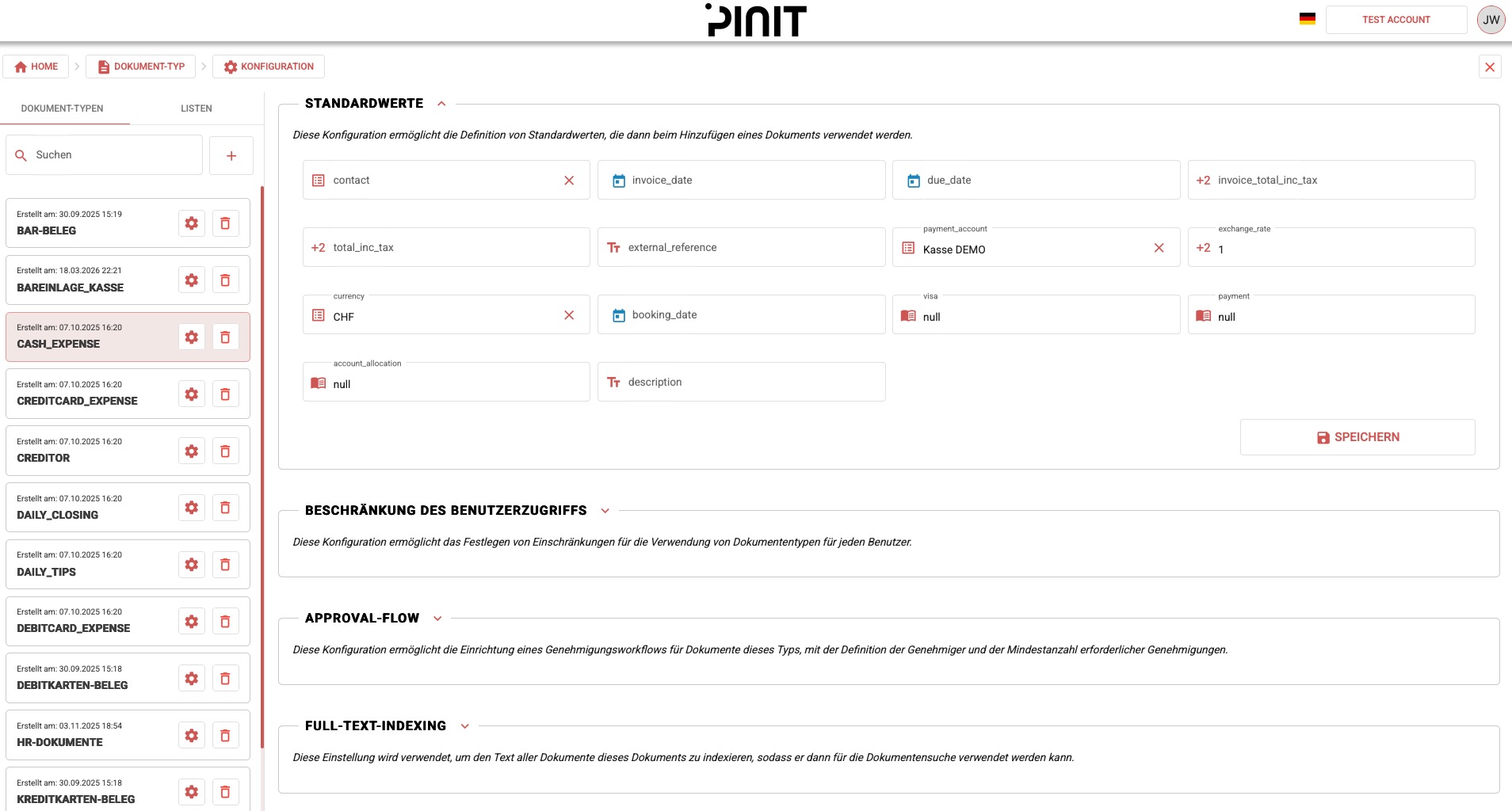 Dokument-Typ-Konfiguration — Standardwerte