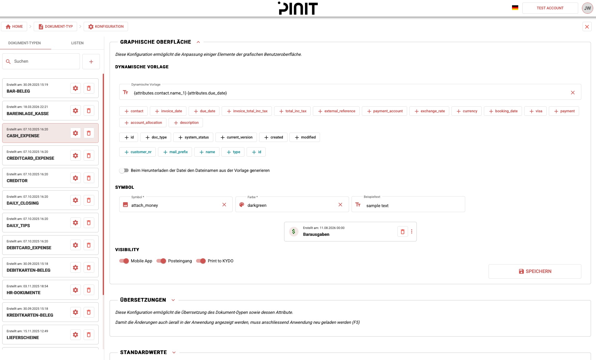 Dokument-Typ-Konfiguration — Graphische Oberfläche