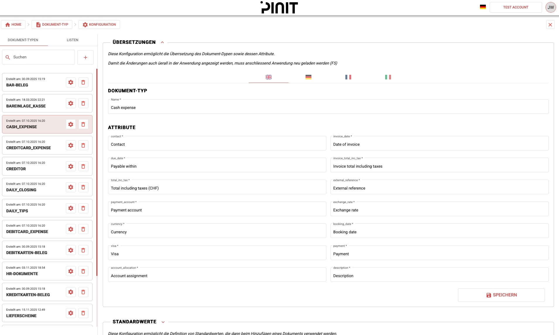 Dokument-Typ-Konfiguration — Übersetzungen